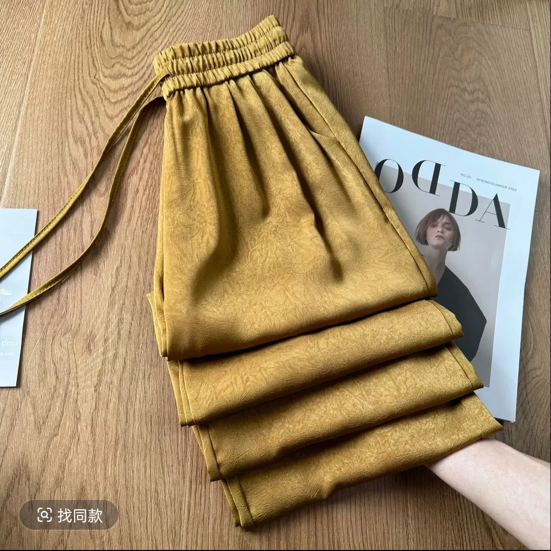 新中式醋酸缎面垂感阔腿裤女夏季薄款防晒宽松直筒裤