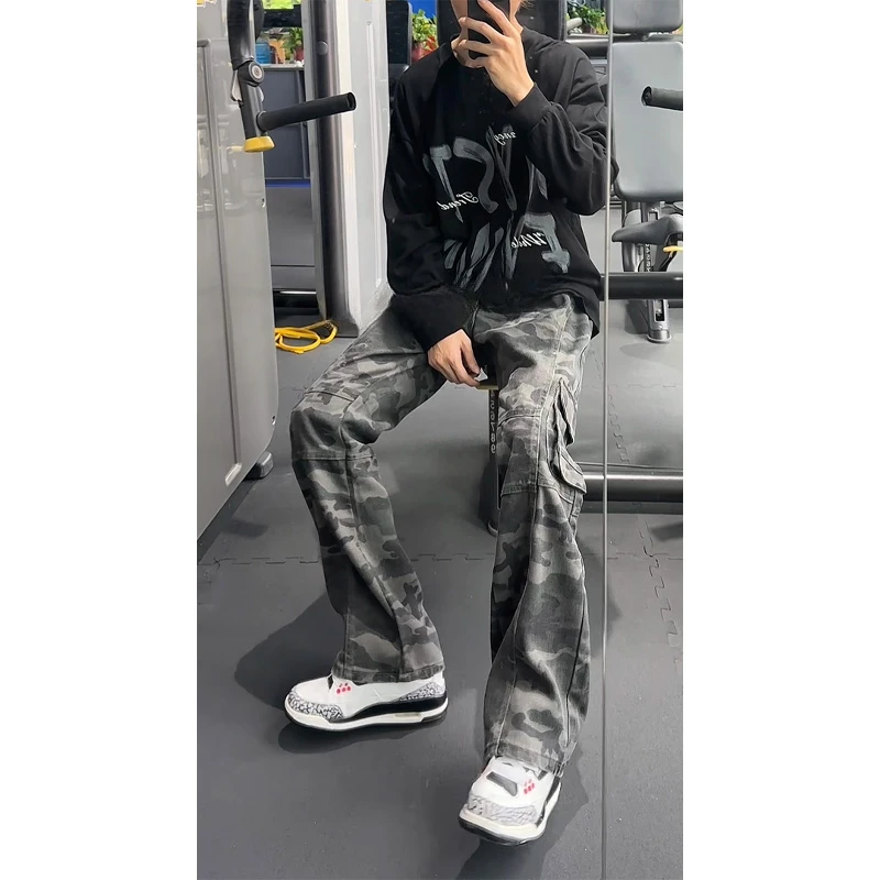 迷彩牛仔裤男早秋oversize款垂坠感拖地裤子痞帅气宽松直筒阔腿裤