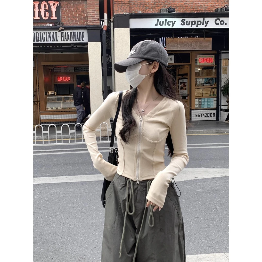 设计感鱼骨v领短款拉链上衣女2025春季插肩显瘦打底衫长袖休闲T恤