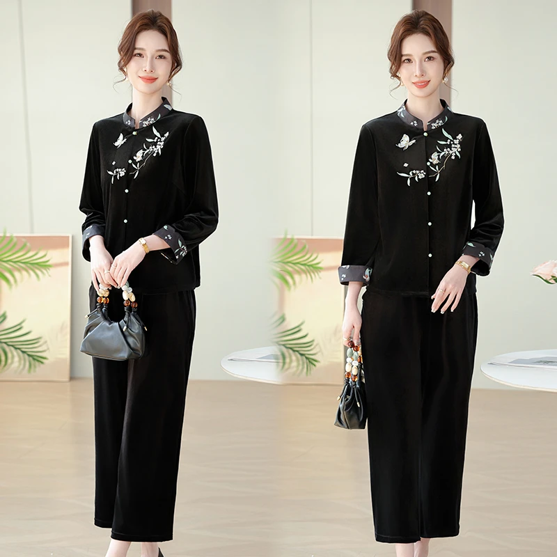 妈妈套装秋装金丝绒国风新款中式中老年春秋洋气上衣外套两件套女