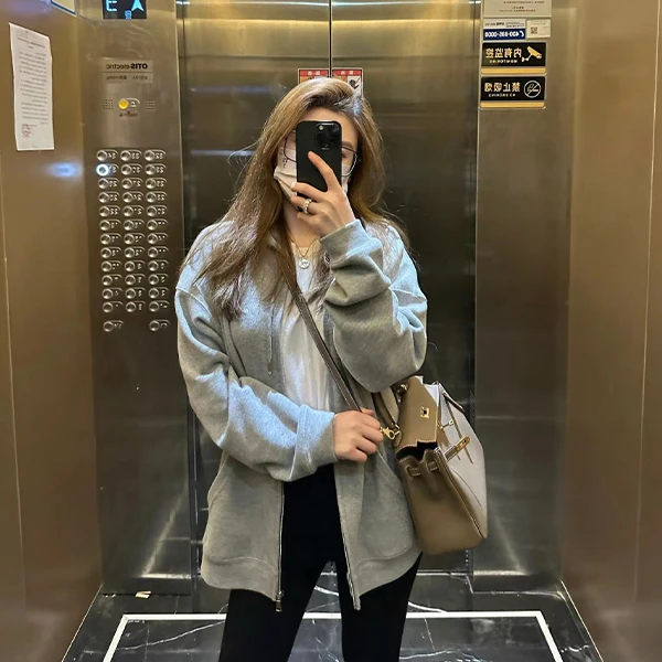 美式连帽开衫卫衣女秋冬季2025新款灰色爆款上衣宽松百搭加绒外套