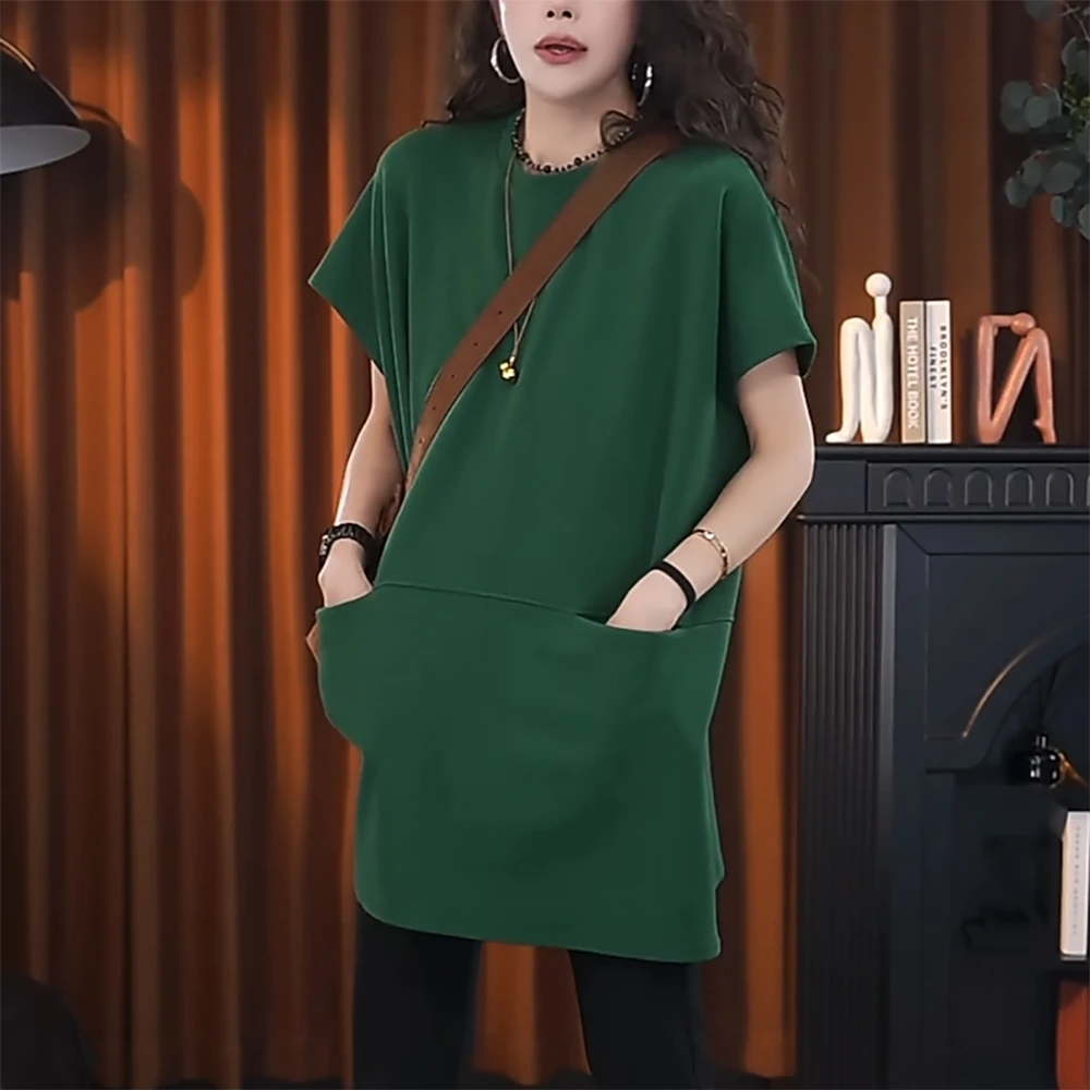 设计感圆领中长款t恤女夏季2025大码宽松洋气减龄遮屁股短袖上衣