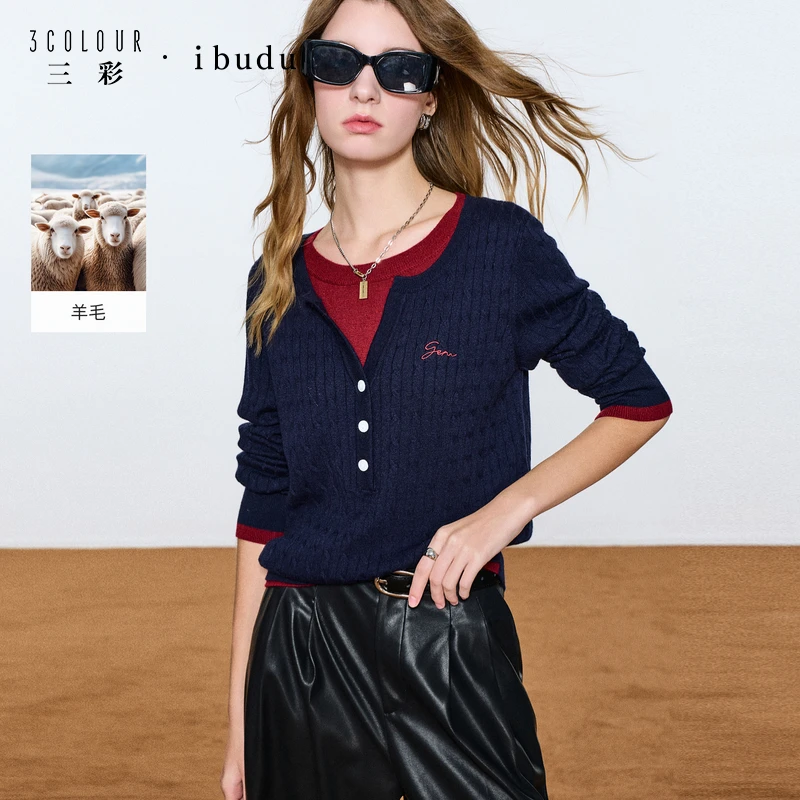 三彩ibudu2025冬季新款假两件针织衫撞色绞花毛衫套头女