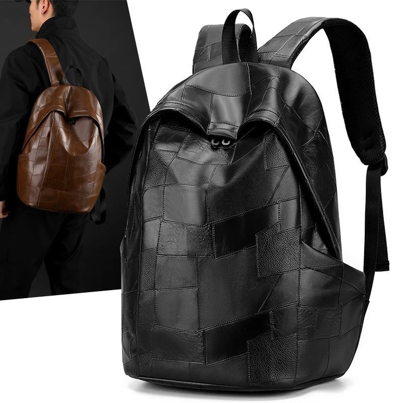 【奥莱撤柜】皮质时尚双肩包男士休闲旅行背包初中高中大学生书包新