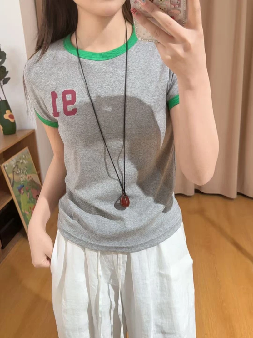 84991余小鱼【简约至上】浅灰色撞色数字印花夏季短袖百搭T恤女装