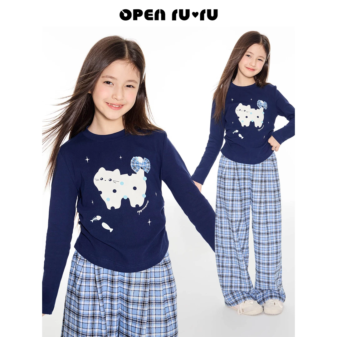 Opennunu女童猫咪印花立体蝴蝶结T恤秋季基础款正肩打底上衣