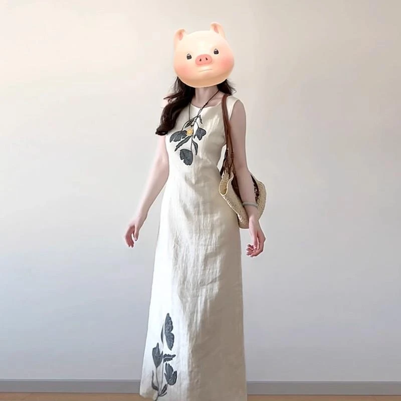 新中式国风棉麻连衣裙2025夏季新款复古禅意茶服无袖背心连衣长裙