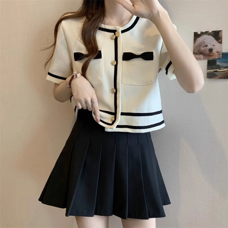 卡莲格/大码女装衬衫蝴蝶结圆领正肩短款上衣夏季小香风薄款短袖