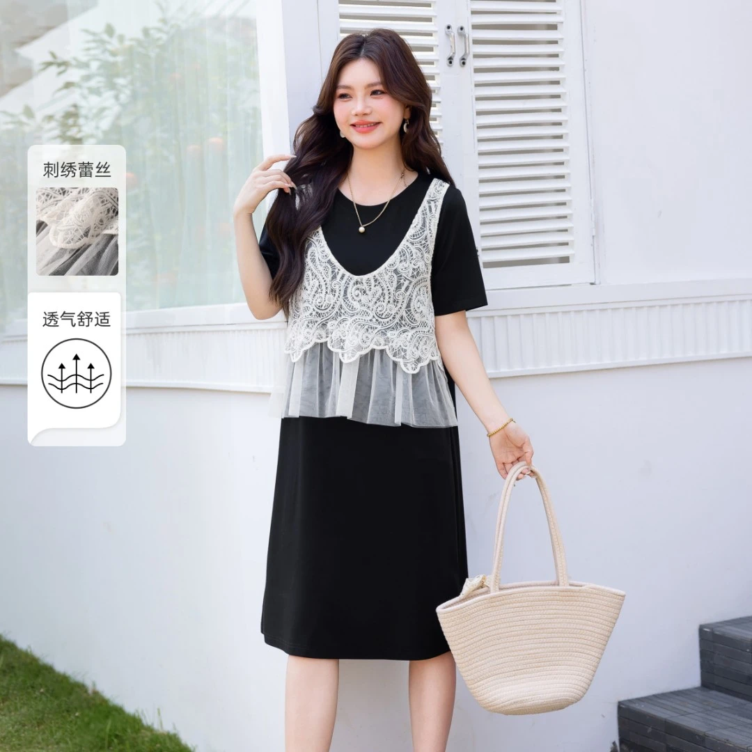 【假两件拼接刺绣蕾丝连衣裙】MsShe大码女装2025夏装显瘦F2503019