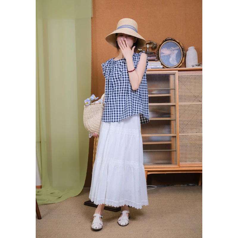 百武西“赛里木湖”法式文艺花边拼接大摆松紧腰大摆半身裙8843