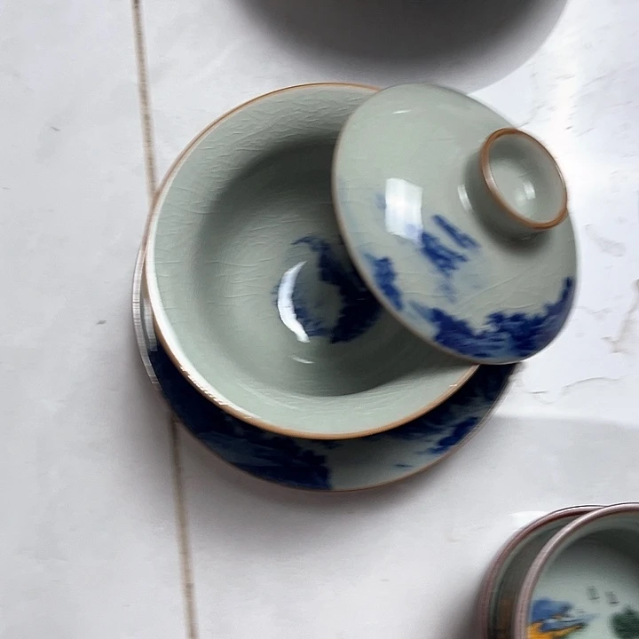 千里江山元宝盖碗