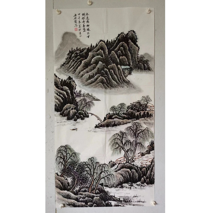 3620  多年前的纯手绘老字画《水边杨柳》中堂  尺寸 137×68