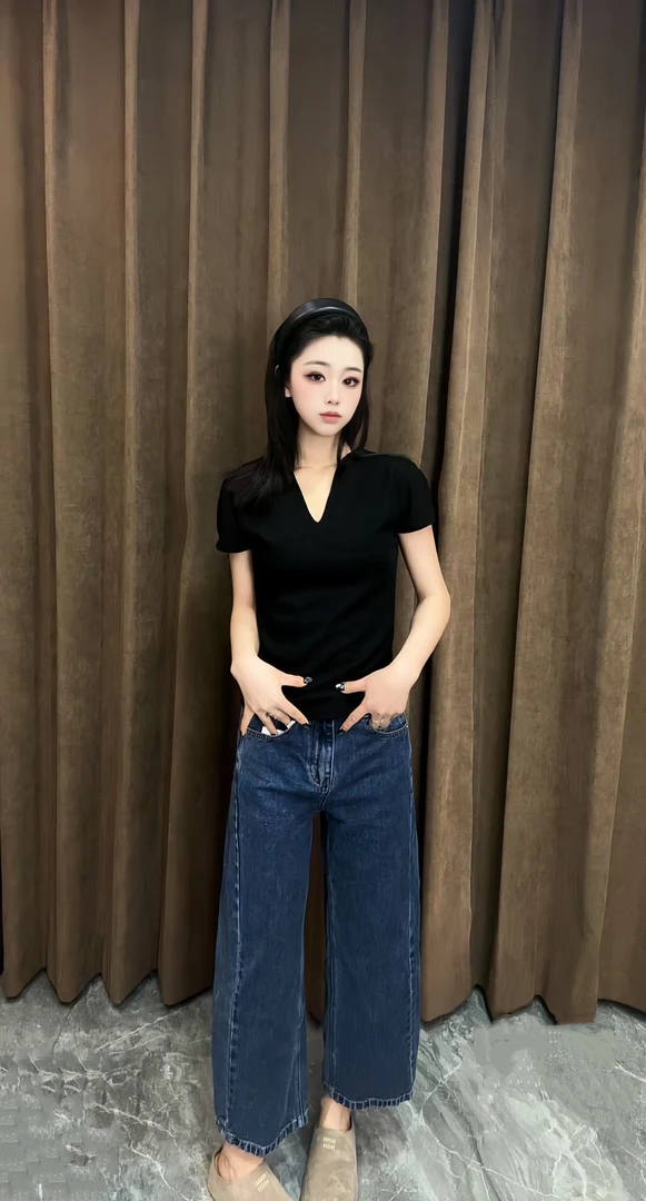 高级高宫廷袖夏季正肩v领短袖t恤女美式百搭小众简约修身显瘦上衣