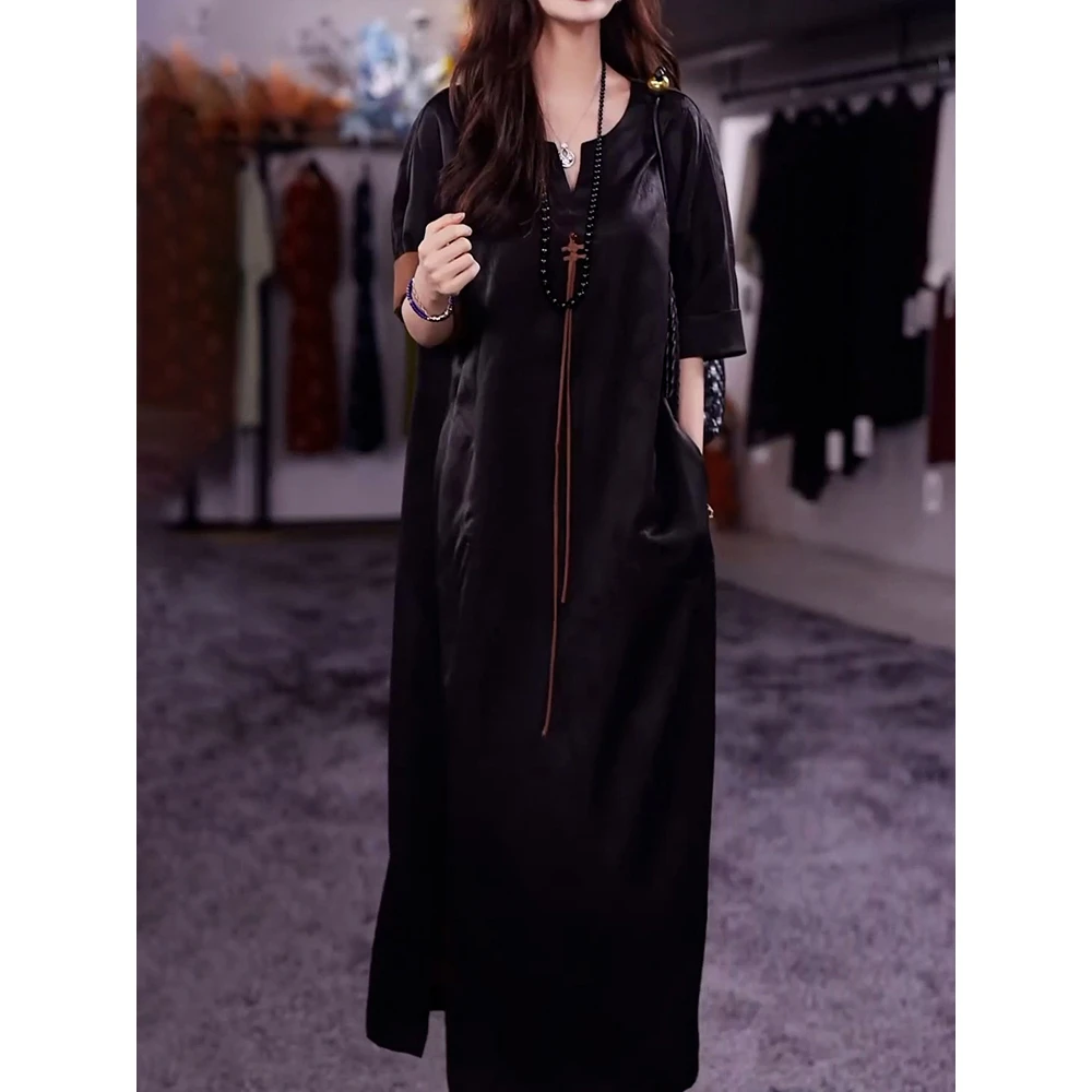 中式休闲通勤妈妈纯色连衣裙2025夏季新款高级气质国风显瘦A字裙