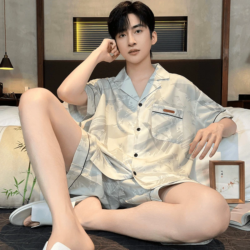 睡衣男士夏季2025新款冰丝短袖薄款夏天青少年男生家居服丝绸套装