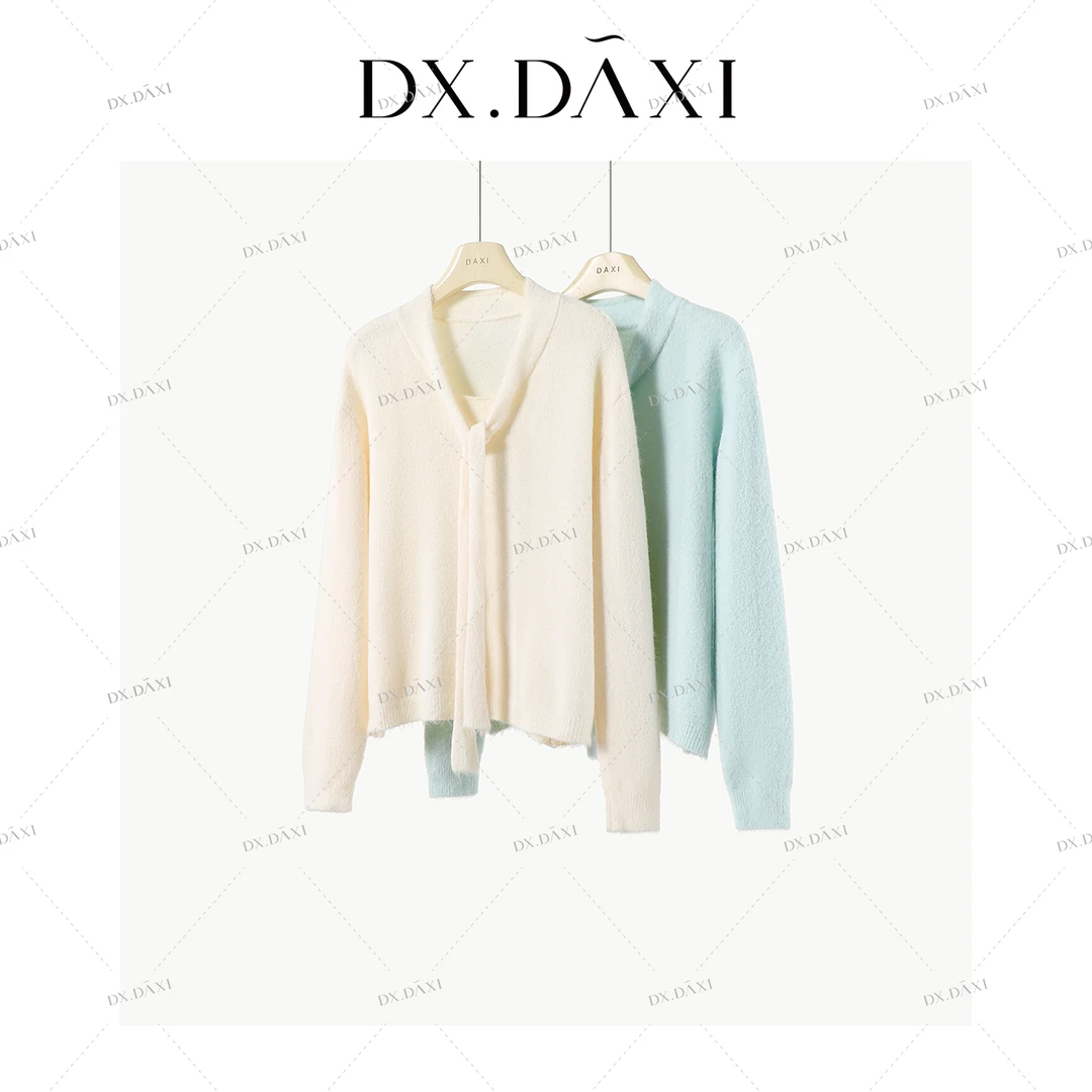 新款休闲软糯系带领口纯色百搭针织毛衫气质简约毛衣女内搭上衣