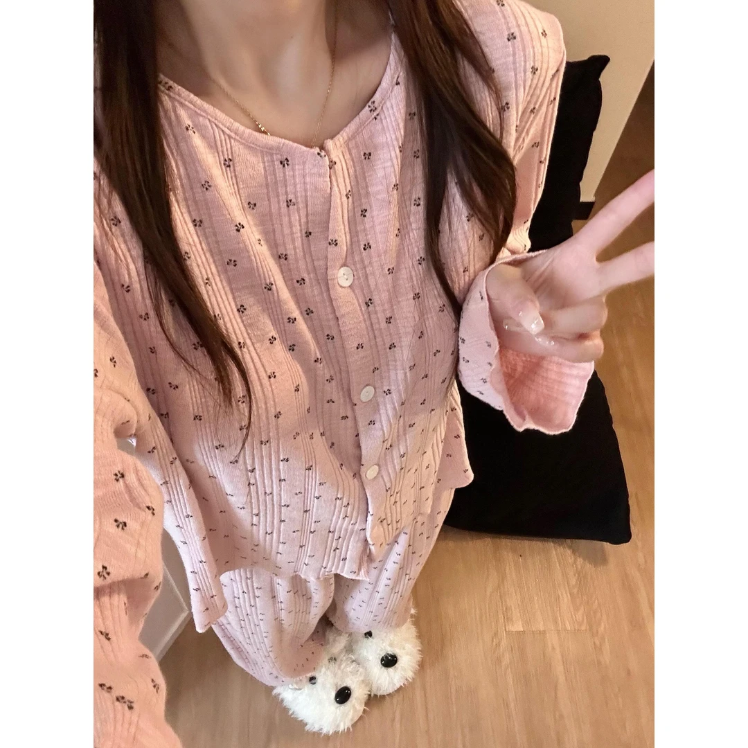 甜美粉色碎花棉纱睡衣女2025春秋新款韩系少女长袖长裤家居服套装