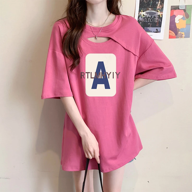 设计感镂空拼接短袖T恤女2025新款韩版时尚宽松中长款半袖上衣ins