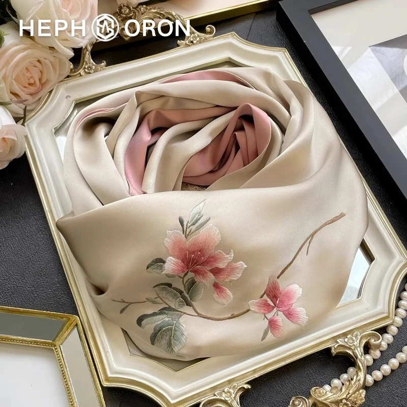 HEPHSORON苏绣丝巾礼盒香槟色杜鹃花刺绣国风披肩桑蚕丝真丝围巾