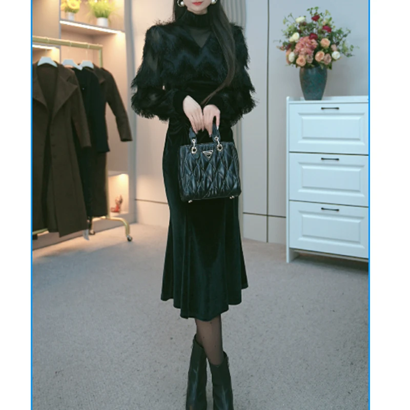 新秋款名媛高级气质时尚黑色连衣裙高端收腰鱼尾长裙女905