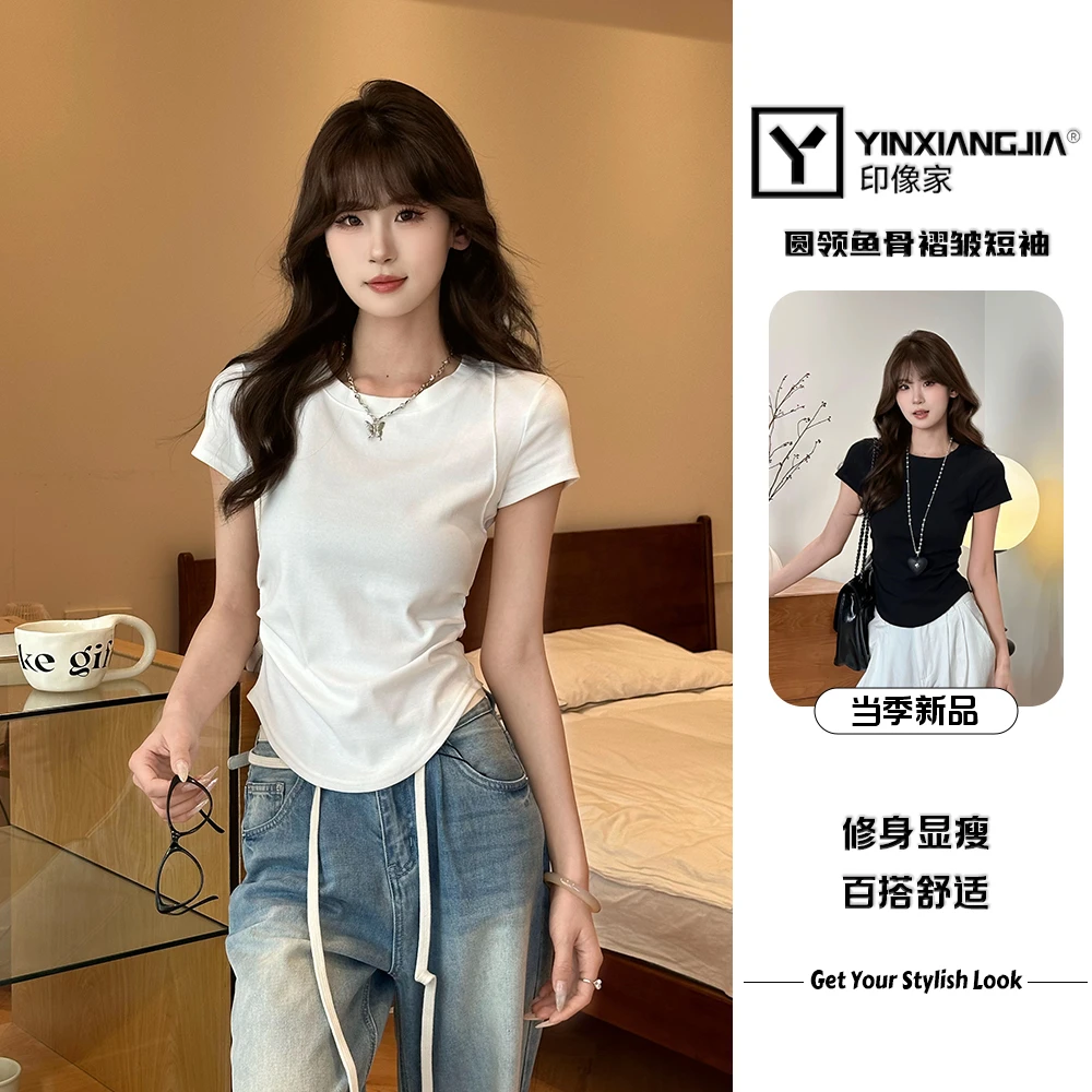 印像家2025设计感褶皱鱼骨修身纯欲夏季显瘦百搭短袖圆领t恤衫
