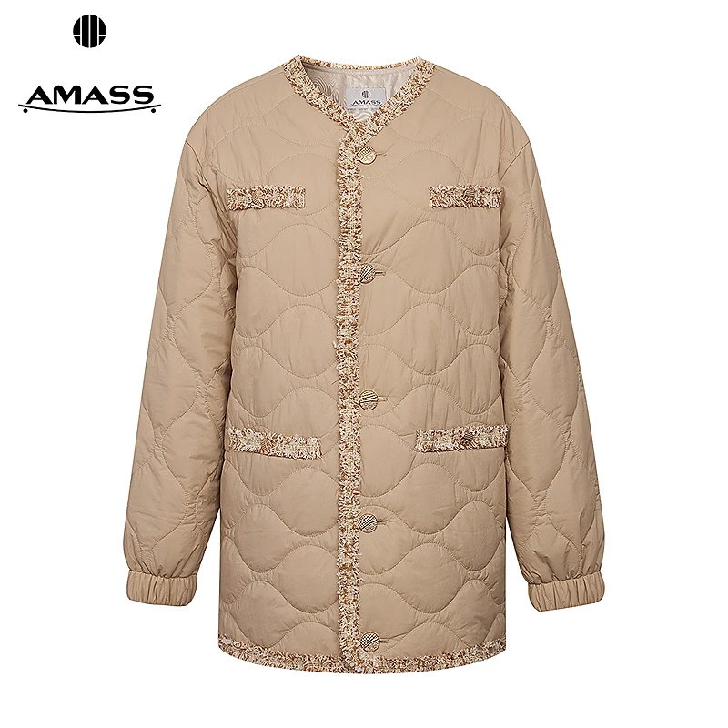 阿玛施AMASS 秋冬新款圆弧绗缝花呢小香风新雪丽棉服外套540040