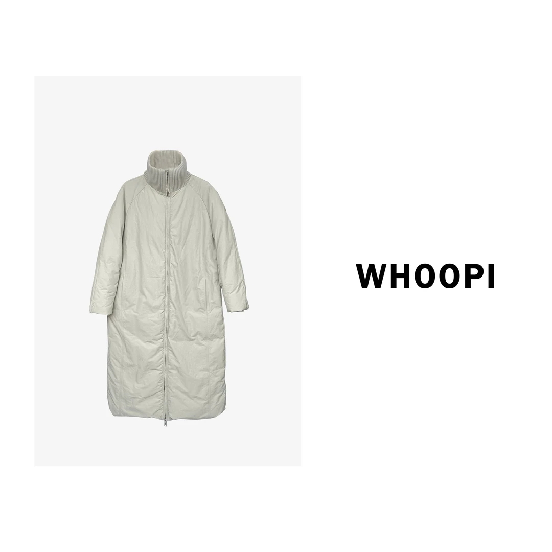 【清】【冰岛暖冬】小众极简保暖针织领拼接长款羽绒服（配腰带）