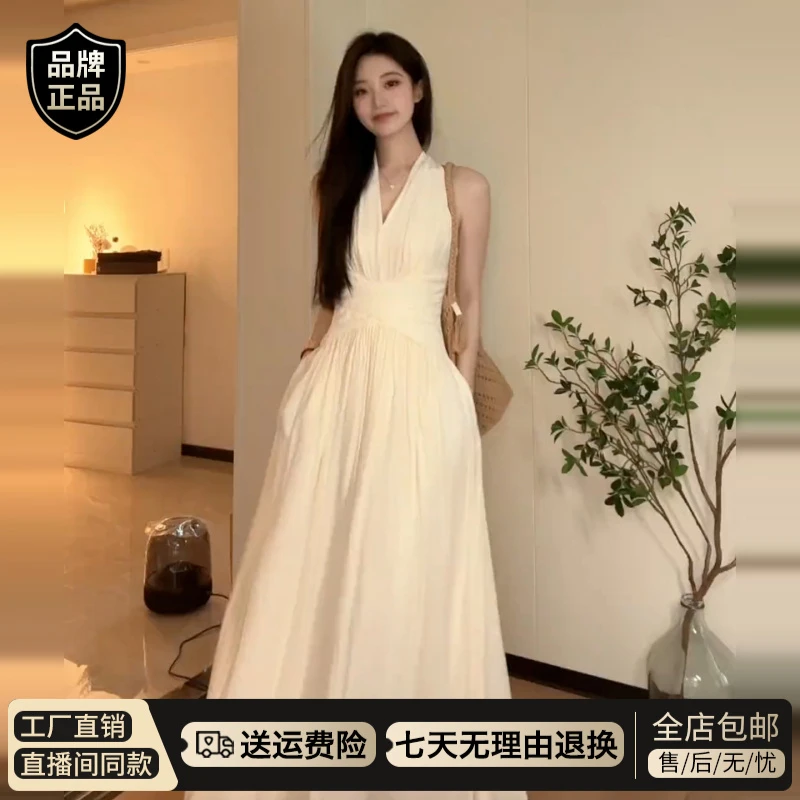 2025新款白色挂脖v领无袖连衣裙海边度假法式长裙夏日绝美小裙子