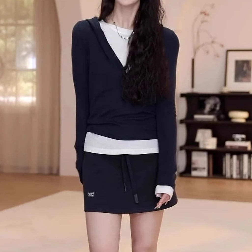 韩系chic修身藏蓝色上衣秋季打底衫胖MM时尚连帽假两件长袖t恤女