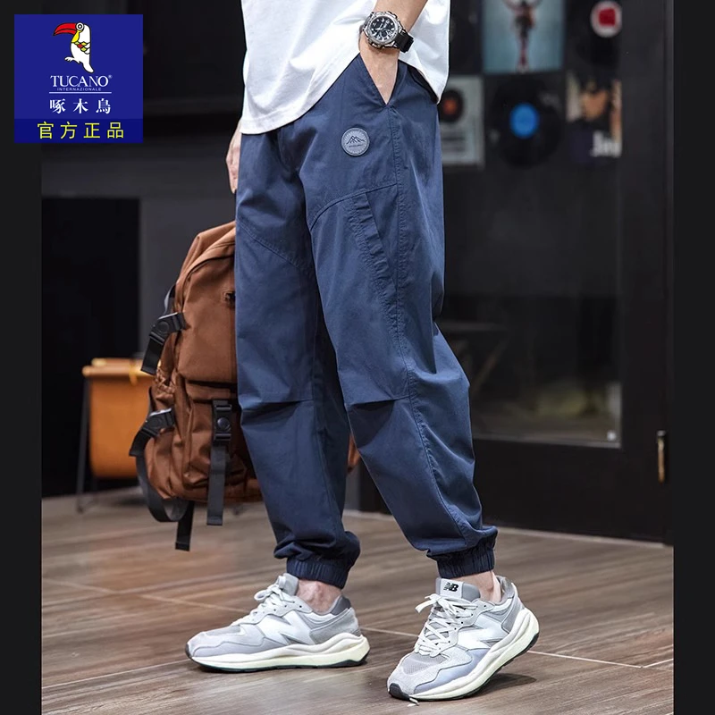 啄木鸟美式绣标工装九分裤子夏季薄款宽松哈伦束脚男士休闲裤抽绳