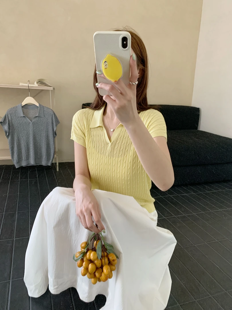 【潘潘.508888】2025年夏季新款冰蚕丝纯色POLO领飞袖套头针织衫