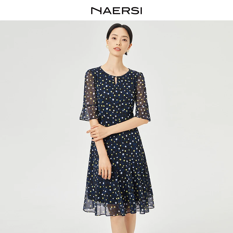 娜尔思商场同款2025深蓝色灵感印花气质通勤短袖连衣裙NF08699M8