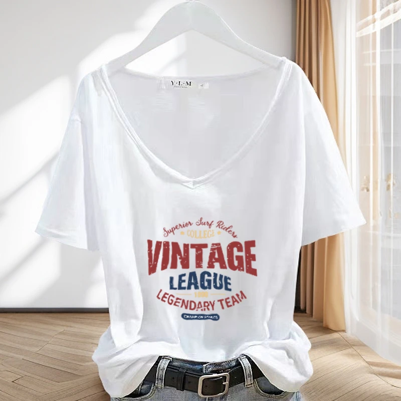 2025夏季新款竹节棉短袖t恤女韩版宽松大码舒适百搭印花v领上衣潮