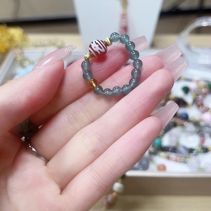 纯铜石英石红肉珠戒指