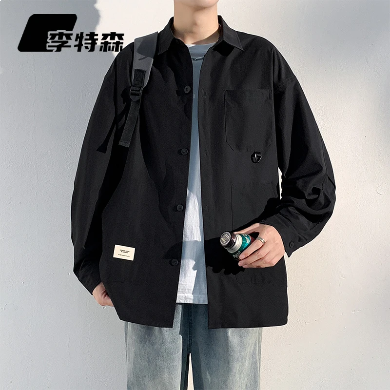 李特森港风多口袋工装衬衫男秋季新款日系休闲潮流青少年衬衣外套