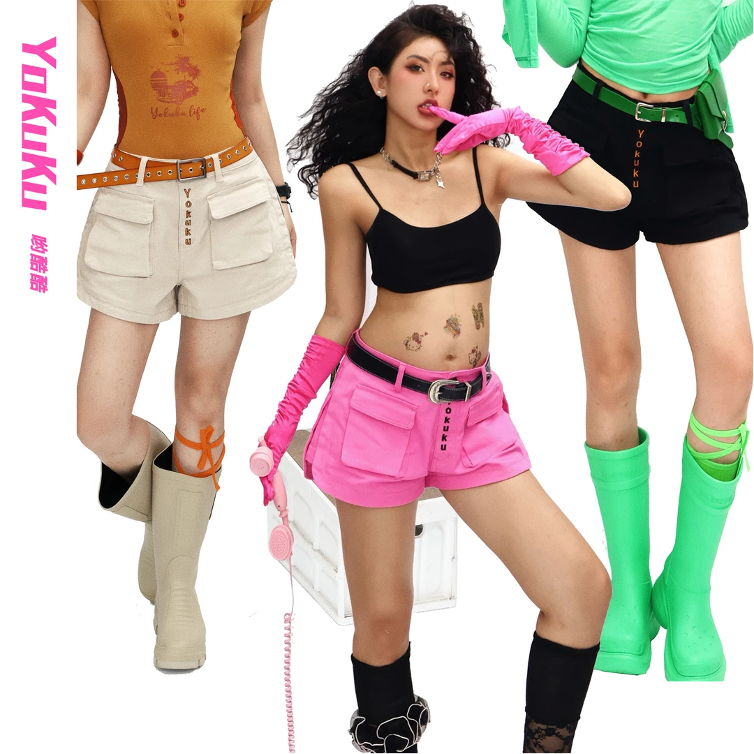 哟酷酷（城市出逃）美式工装A字显瘦显腿长弹力牛仔短裤中低腰热裤