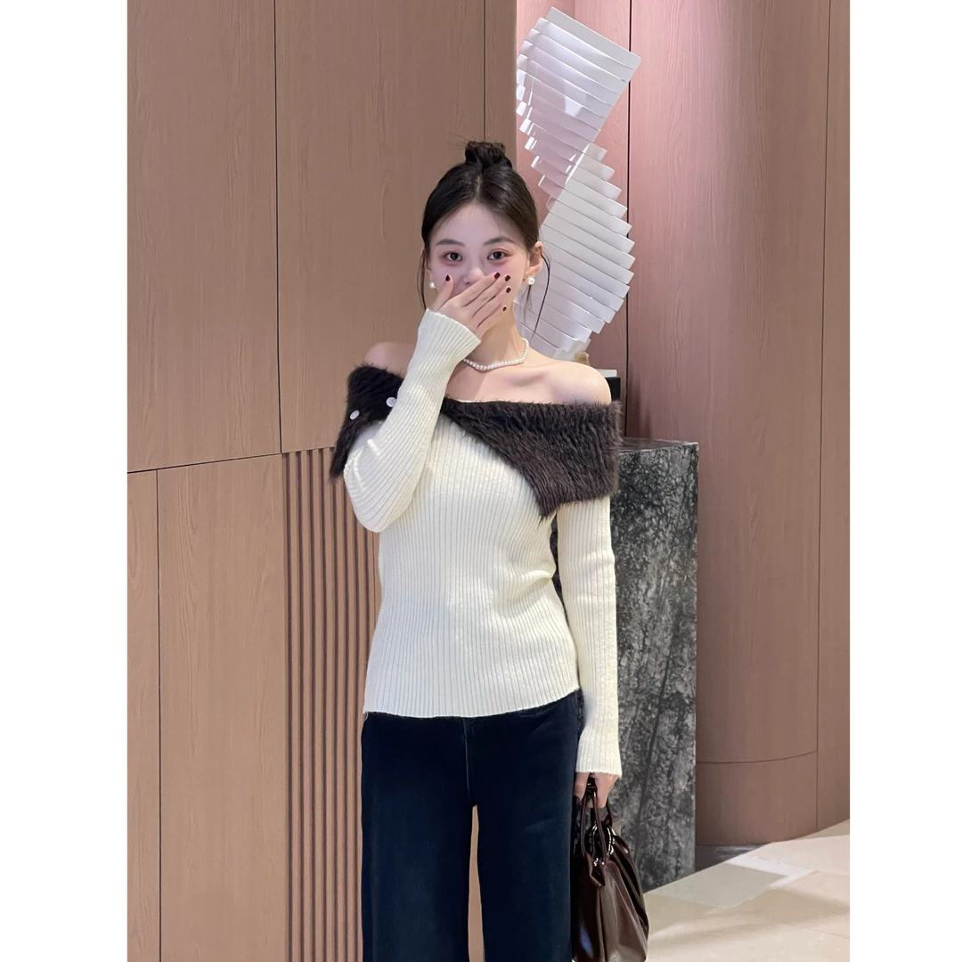 【喜果】法式翻领可一字肩撞色名媛风时尚气质针织衫毛衣上衣女打底