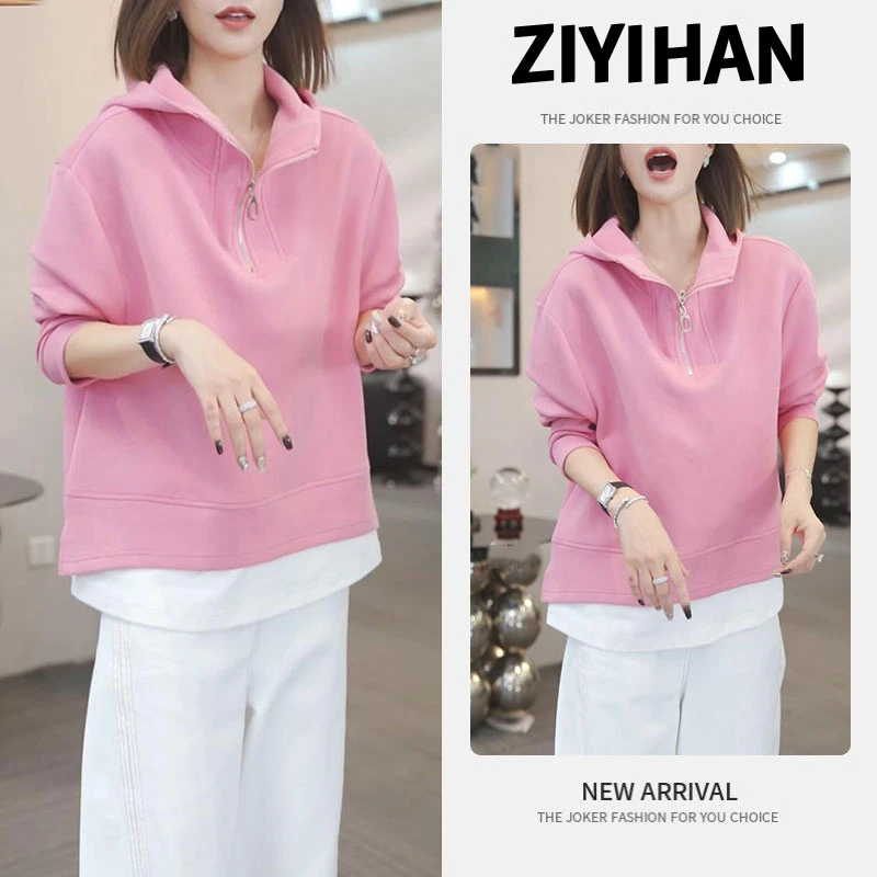 宽松百搭半拉链卫衣女士2025早秋新款假两件拼接宽松短款长袖上衣