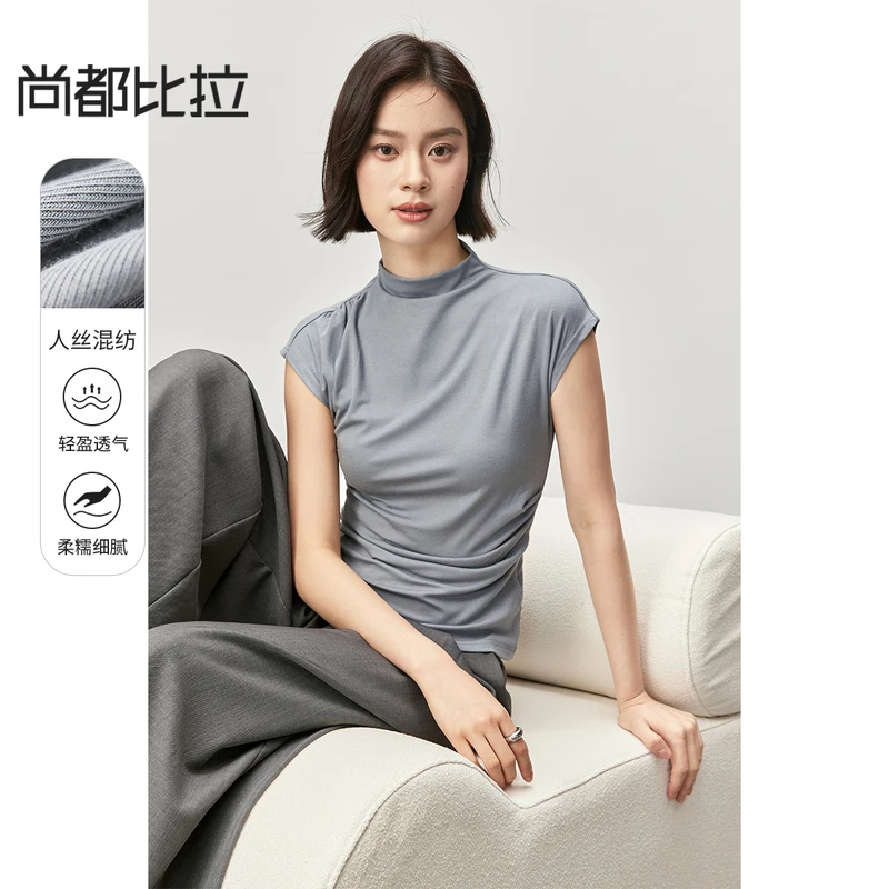舒适休闲套头堆堆领肩部不对称抽褶弹力针织衫9454X