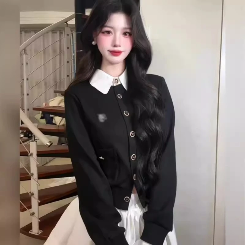 Umi/法式学院风套装女秋冬黑色假两件针织毛衣收腰百褶短裙两件套