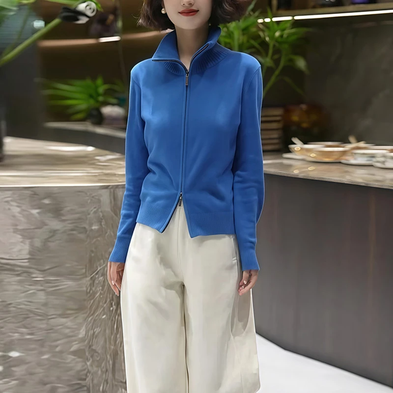 M875蓝色高领针织衫上衣女秋冬慵懒高级感洋气减龄显瘦拉链针织衫