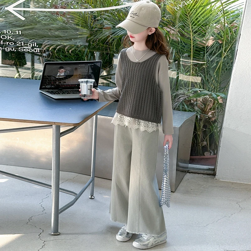 女童牛仔背带裤套装2025春季新款立体蝴蝶长裤打底两件套儿童裤子