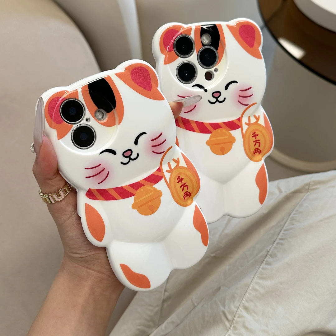 可爱小熊壳招财猫适用苹果16/13promax手机壳iPhone15软17立体
