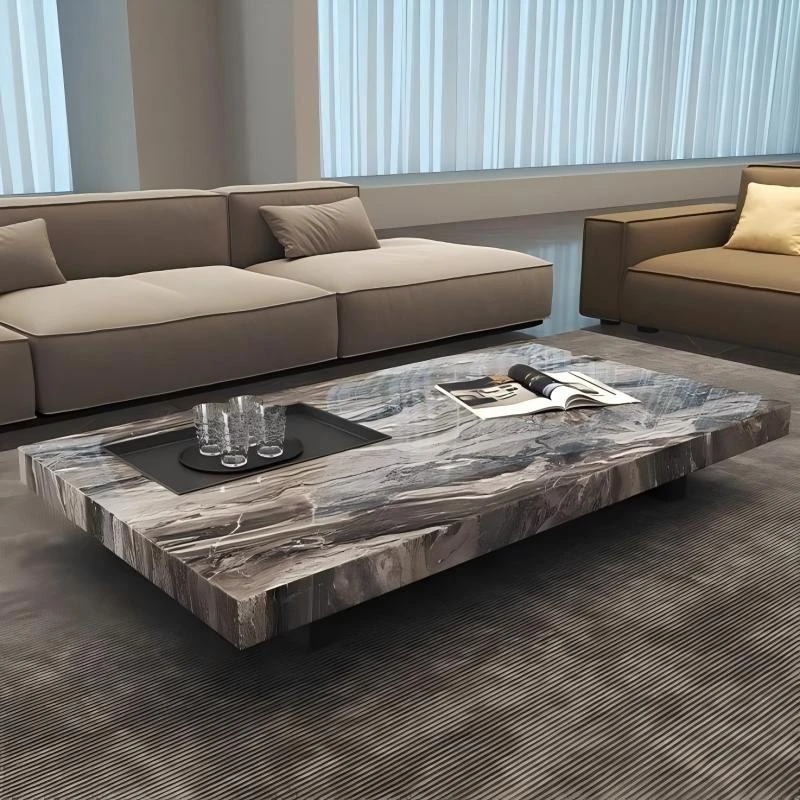 意式轻奢高端大理石茶几大小户型客厅家用长方形茶台带不锈钢底座