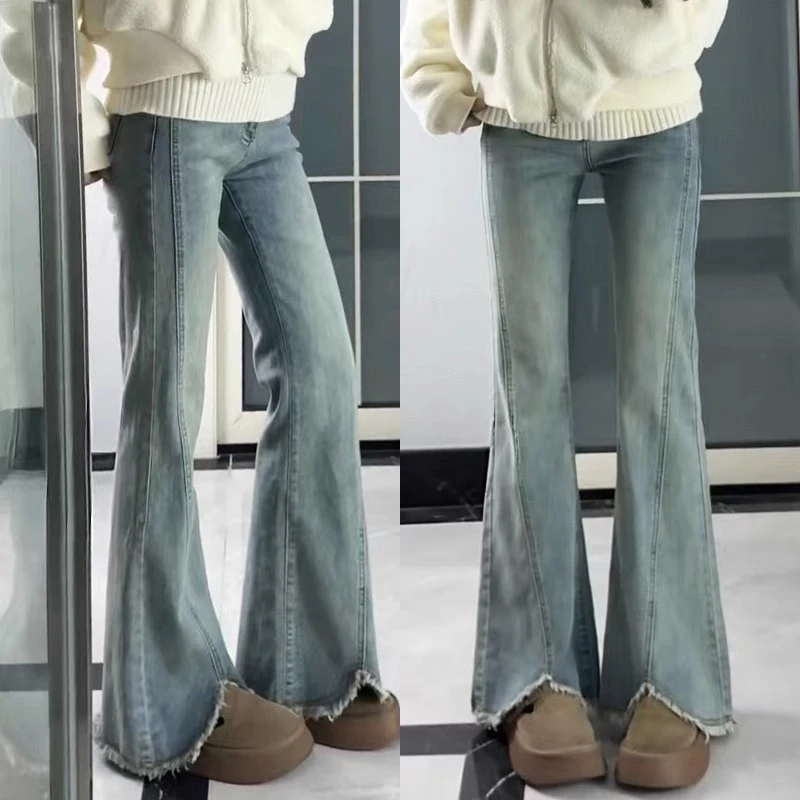 【现货+运费险】大码女裤浅蓝色毛边微喇牛仔裤高腰春秋开叉喇叭裤