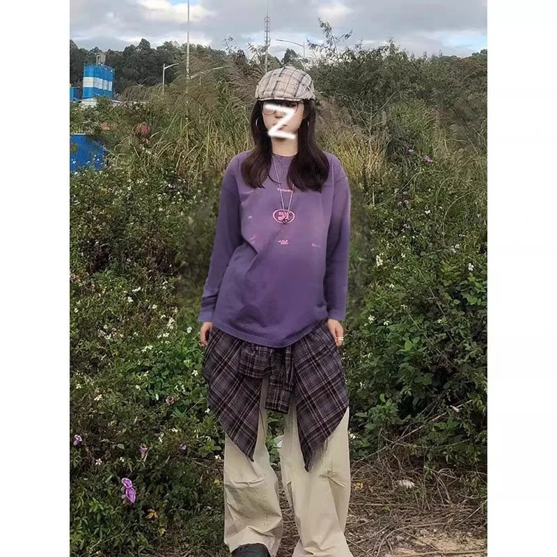 渐变紫色长袖t恤女2025秋季新款欧货时尚宽松洋气内搭中长款上衣