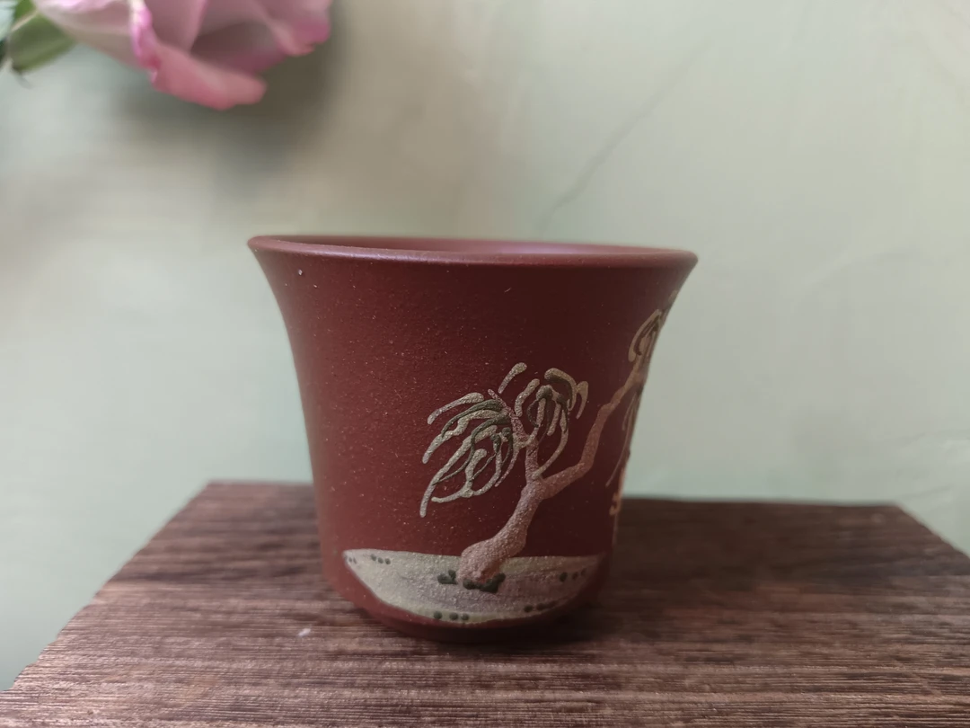 60cc 紫砂茶杯底槽清山水泥绘主人杯手绘