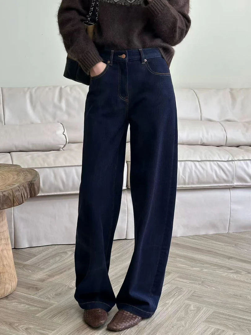 SU【588】代A9   愫胜 普洗蓝2025年新款窄版直筒加绒阔腿牛仔裤