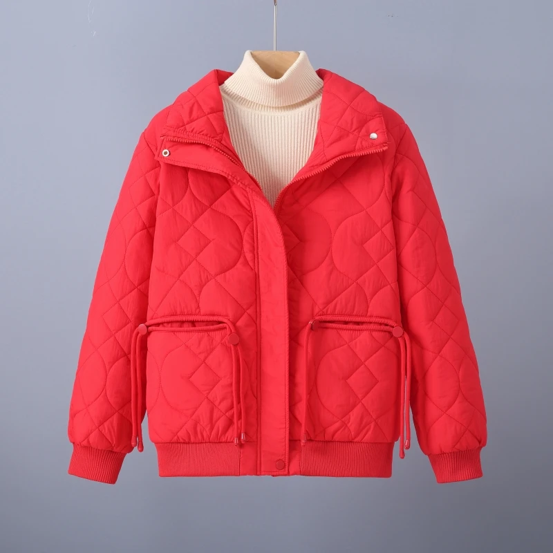 整块棉2025年新款菱形格时尚轻薄宽松棉衣女短款棉服女士棉袄外套