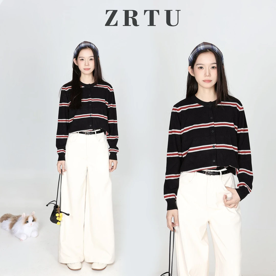 【ZRTU/执图】女士条纹撞色针织开衫毛衣ZR1986